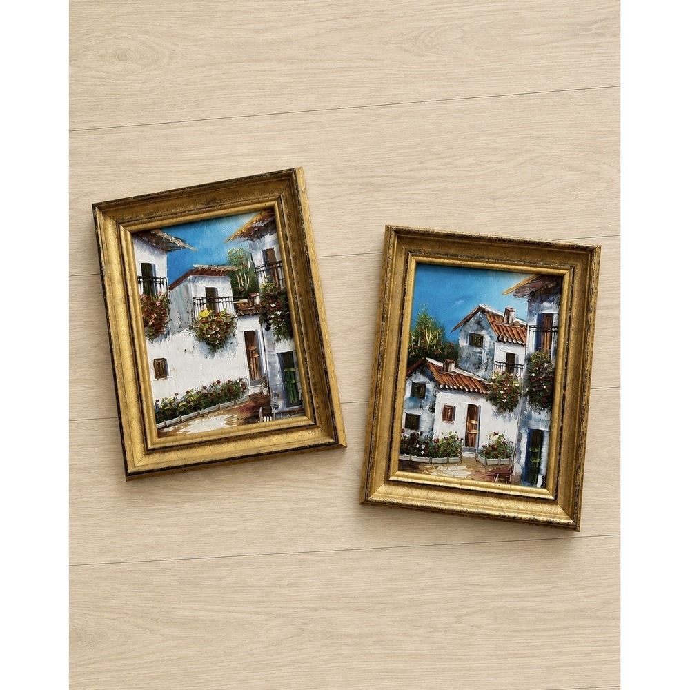 Vintage Mediterranean Oil Paintings Pair Gold Framed Impasto Tuscan Art